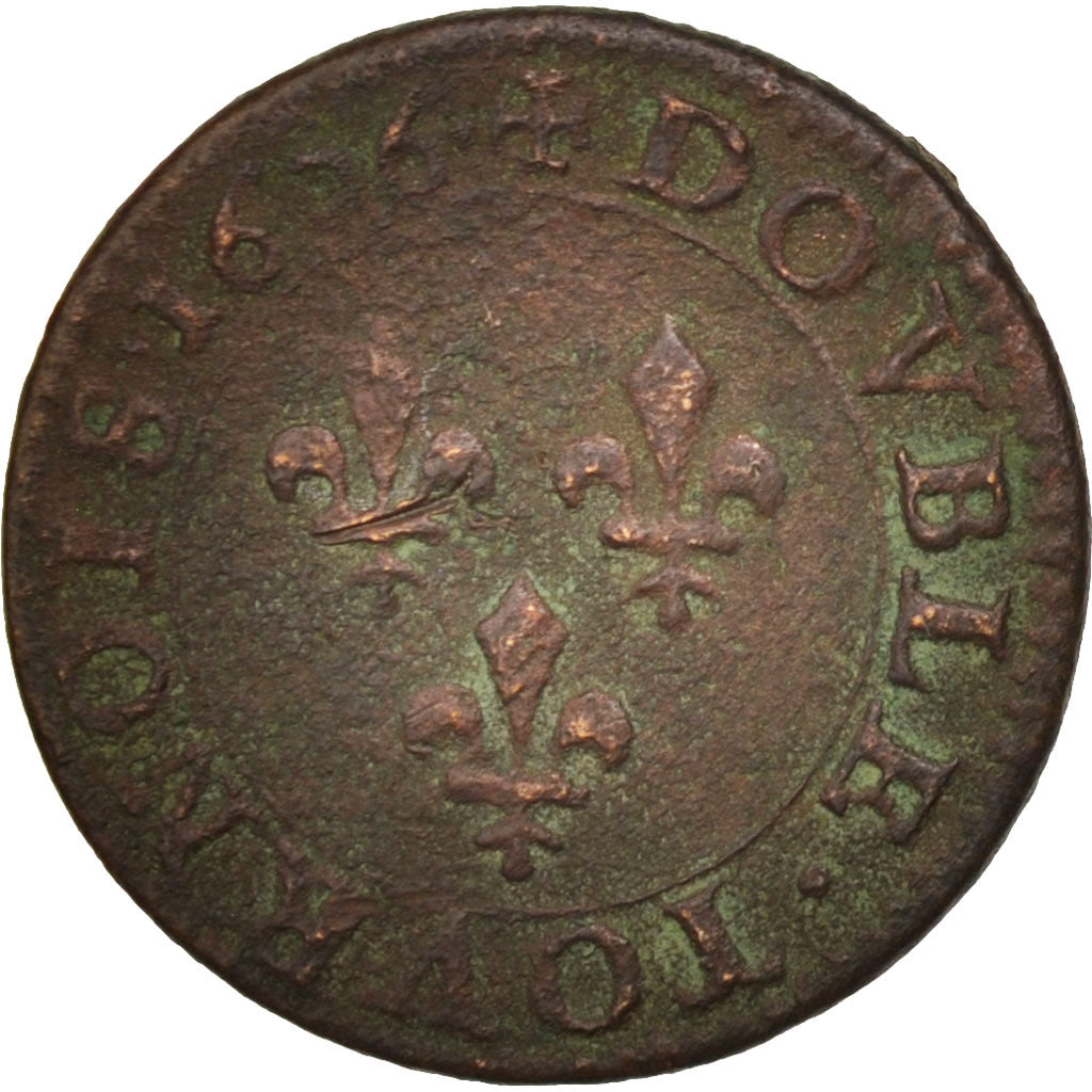 France, Henri IV, Double Tournois, 1606, Paris, VF(20-25), Copper, Sombart:4184