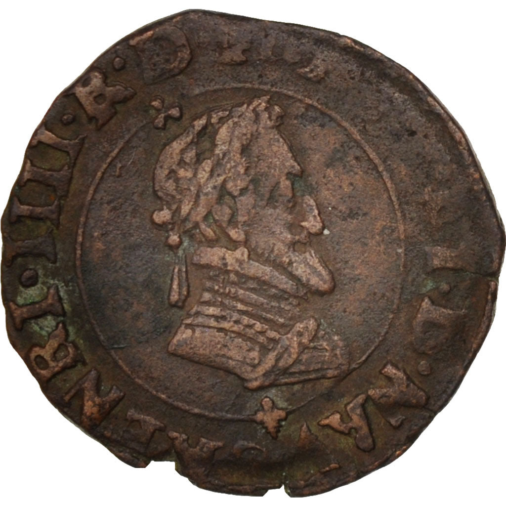 France,Henri IV, Double Tournois, 1594, Clermont, EF(40-45), Copper,Sombart:4144