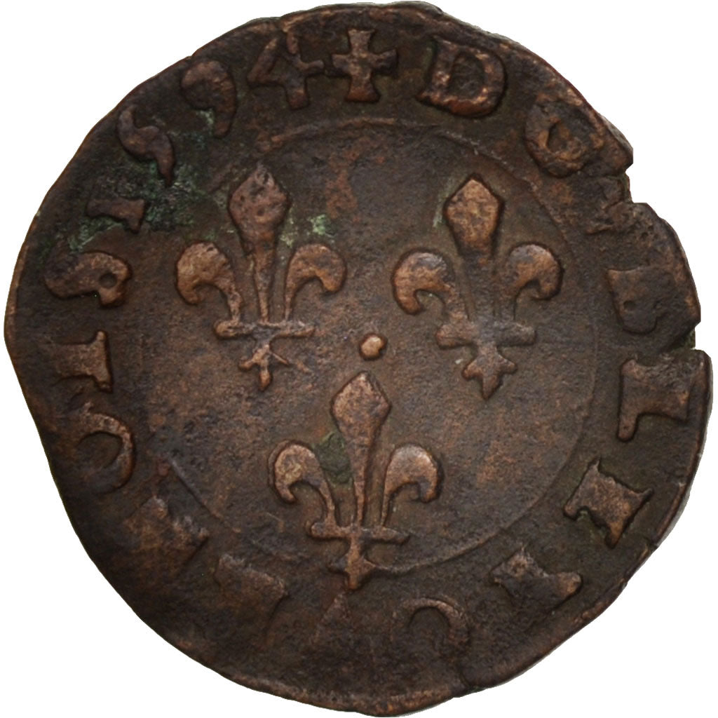 France,Henri IV, Double Tournois, 1594, Clermont, EF(40-45), Copper,Sombart:4144