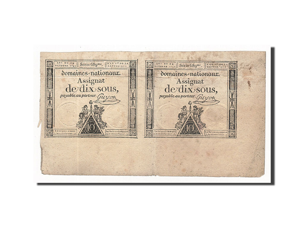 Banknote, France, 10 Sous, 1792-10-24, VG(8-10), KM:A64a