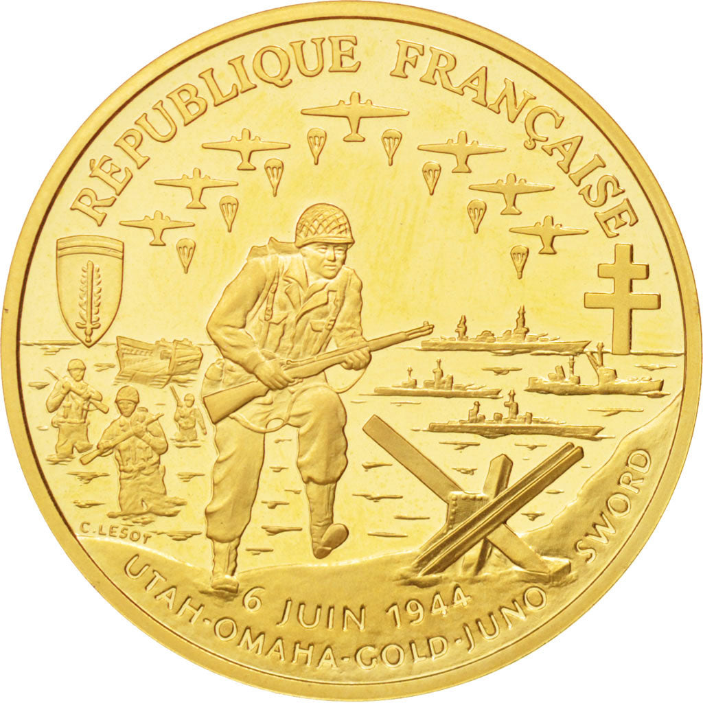 France, Franc Débarquement en Normandie, 1993, MS(63), Gold, KM:1015