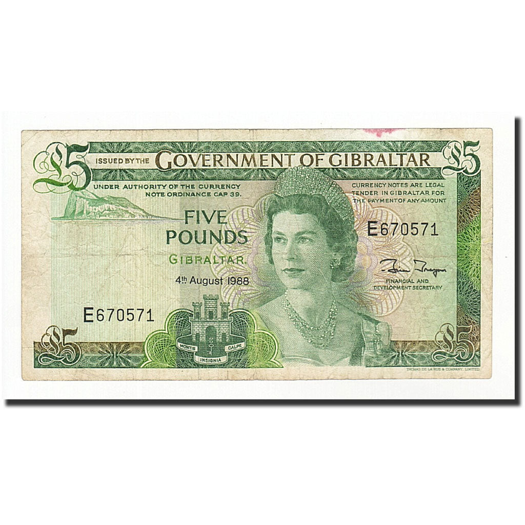 Biljet, Gibraltar, 5 Pounds, 1975-1988, 1988-08-04, KM:21b, TB+