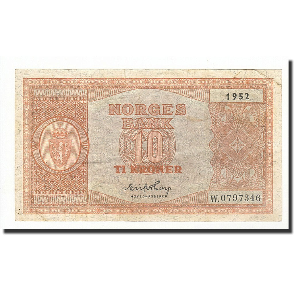 Norvegia, 10 Kroner, 1952, KM:26l, BB
