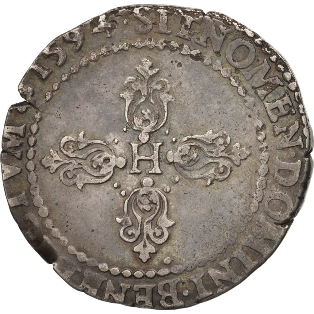 France, Henri IV, Demi Franc, 1594, Rouen, EF(40-45), Silver, Sombart:4808