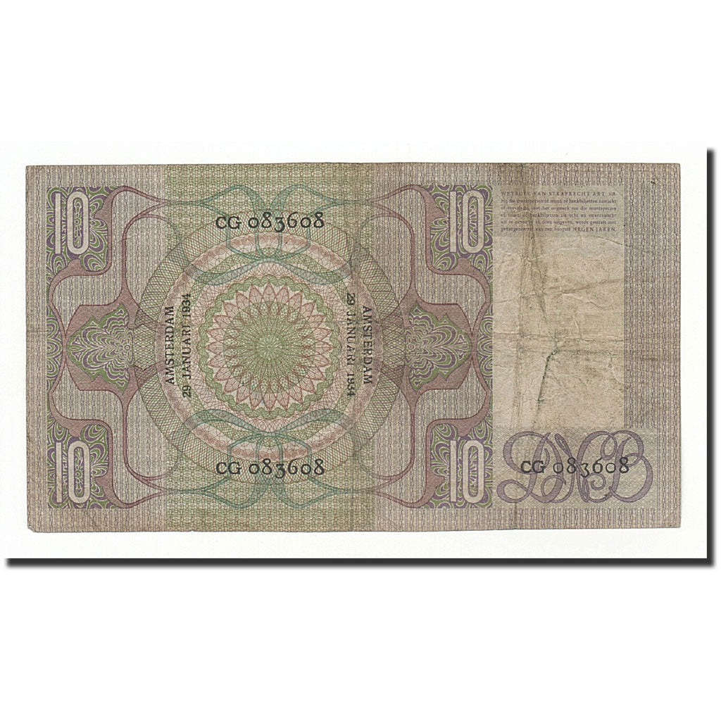 Netherlands, 10 Gulden, KM:49, 1934-01-29, VF(20-25)