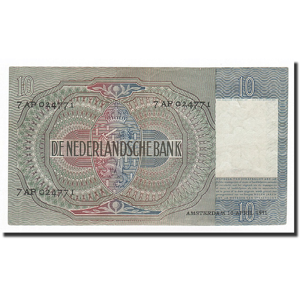 Paesi Bassi, 10 Gulden, KM:56b, 1941-04-10, SPL-