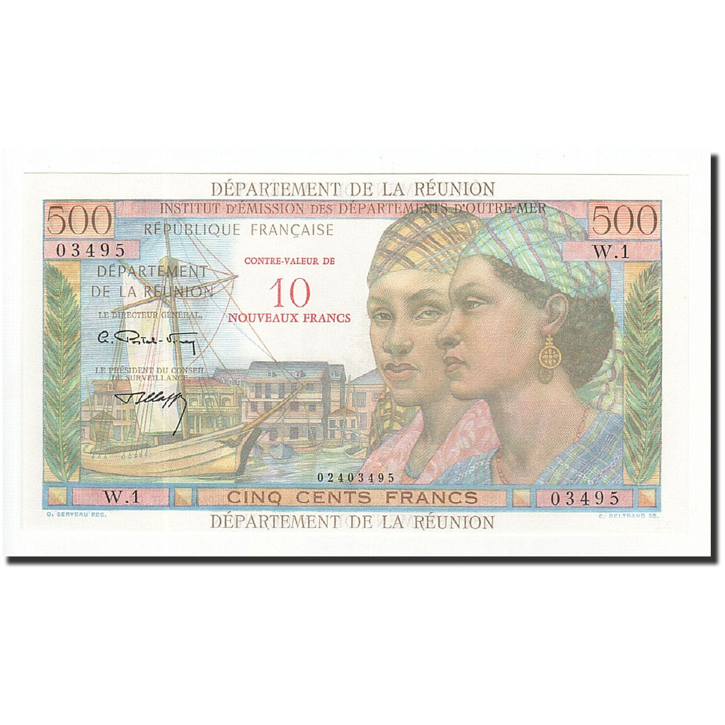 Billete, La Reunión, 10 Nouveaux Francs on 500 Francs, 1967, 1971, UNC, KM:54b