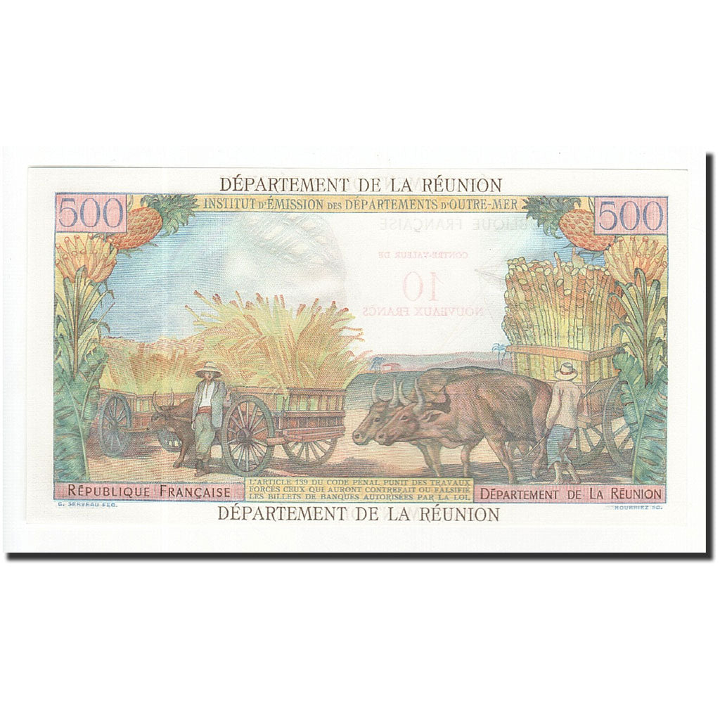 Billete, La Reunión, 10 Nouveaux Francs on 500 Francs, 1967, 1971, UNC, KM:54b