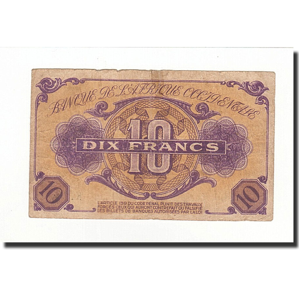 Banknot, Francuska Afryka Zachodnia, 10 Francs, 1943-01-02, KM:29, F(12-15)