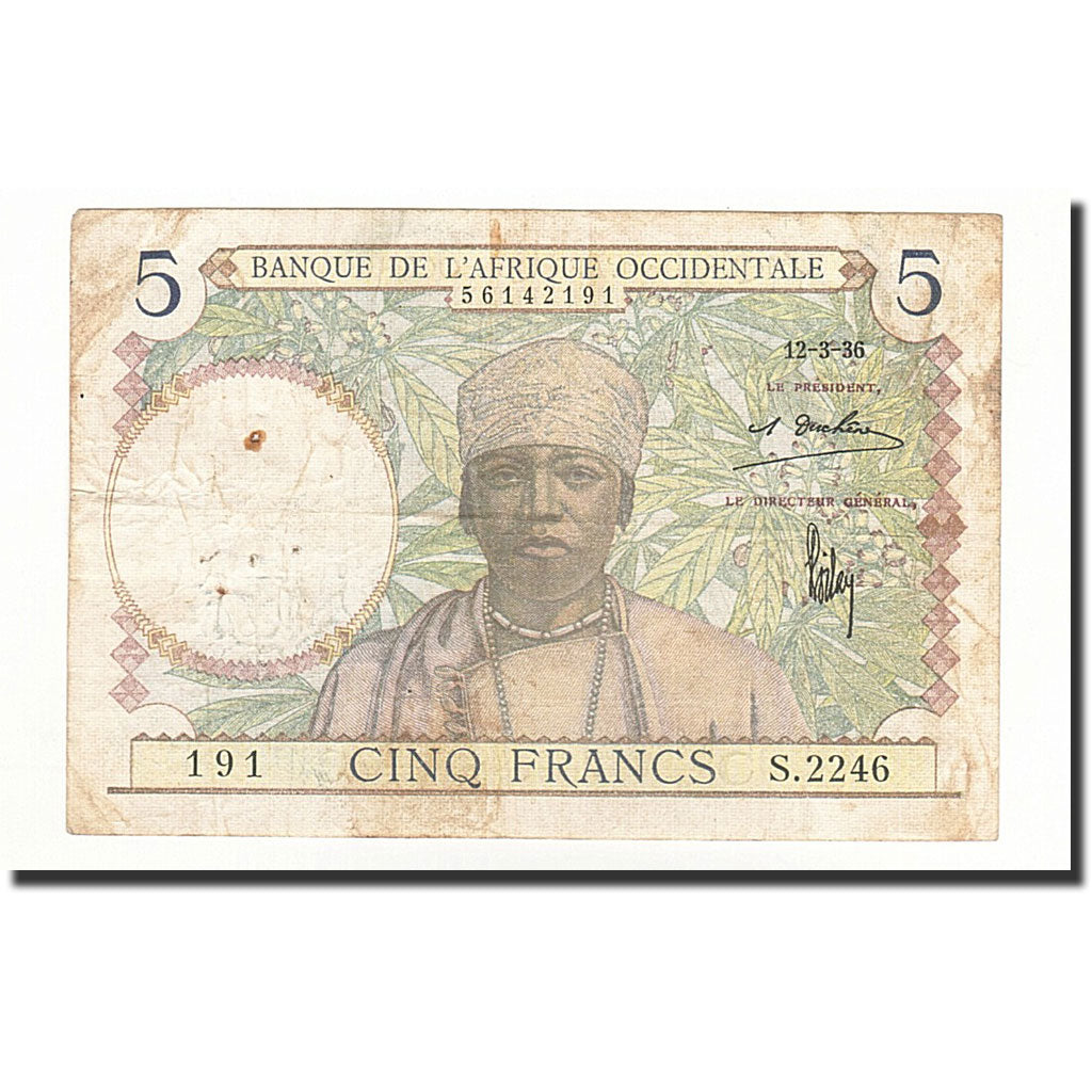 Billet, French West Africa, 5 Francs, 1936-03-12, KM:21, TTB