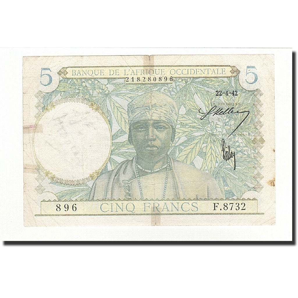 Billet, French West Africa, 5 Francs, 1942-04-22, KM:25, TB