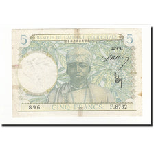 Billet, French West Africa, 5 Francs, 1942-04-22, KM:25, TB