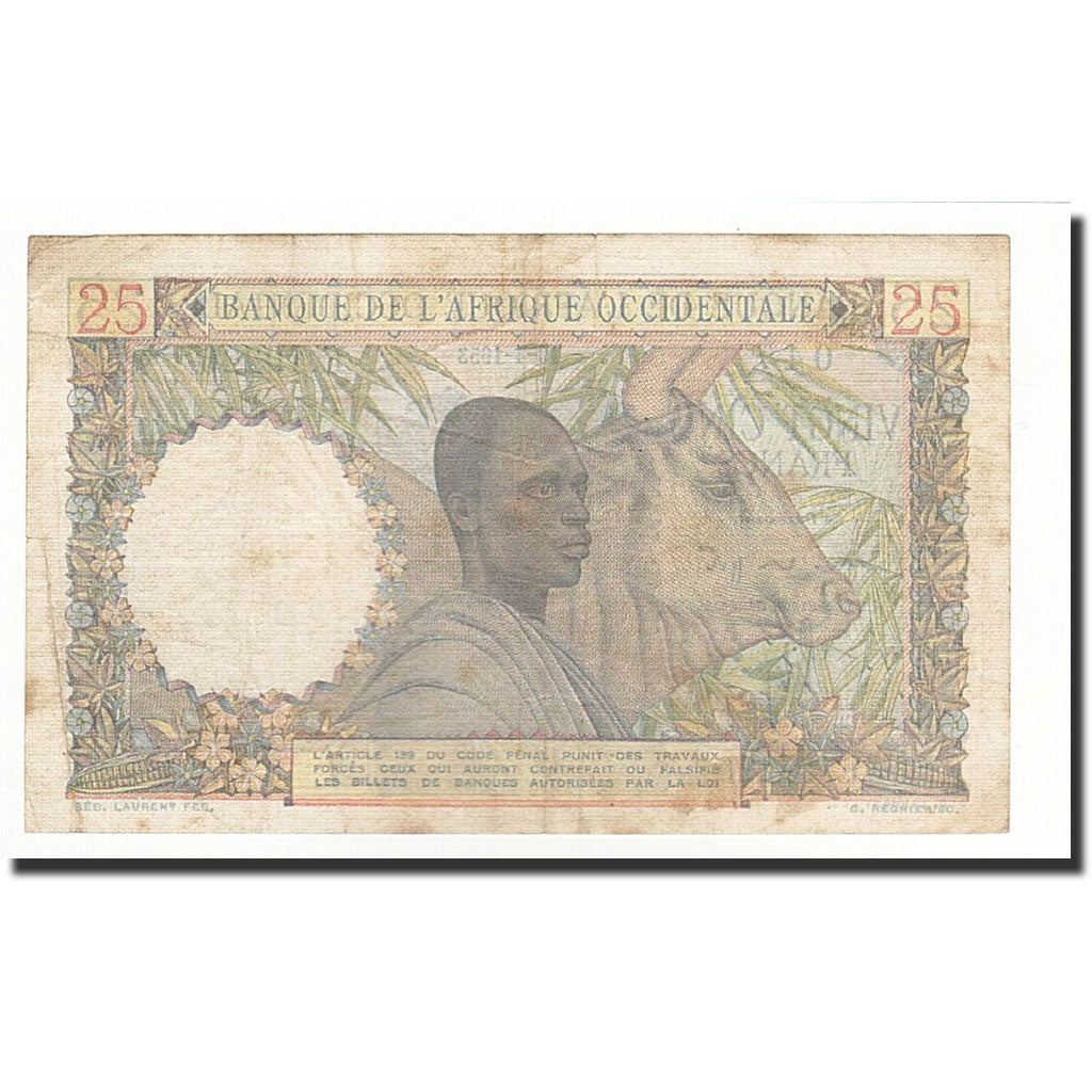 French West Africa, 25 Francs, KM:38, 1953-04-10, AU(50-53)