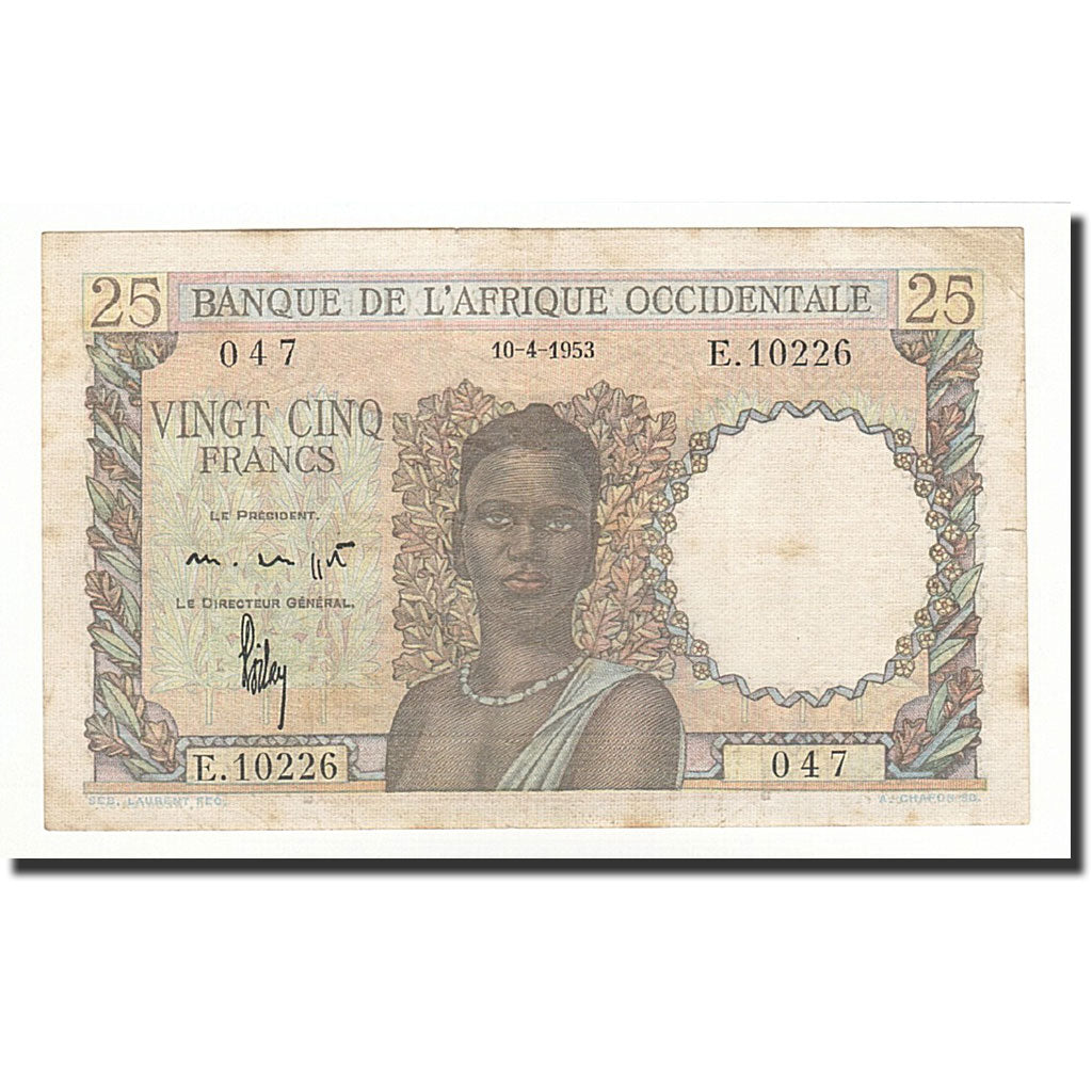 French West Africa, 25 Francs, KM:38, 1953-04-10, AU(50-53)