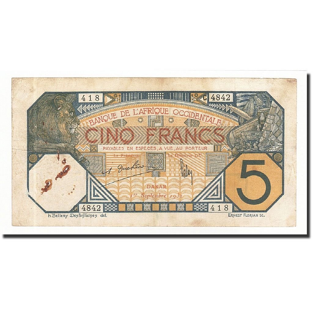 Billet, French West Africa, 5 Francs, 1932-09-01, KM:5Bf, B