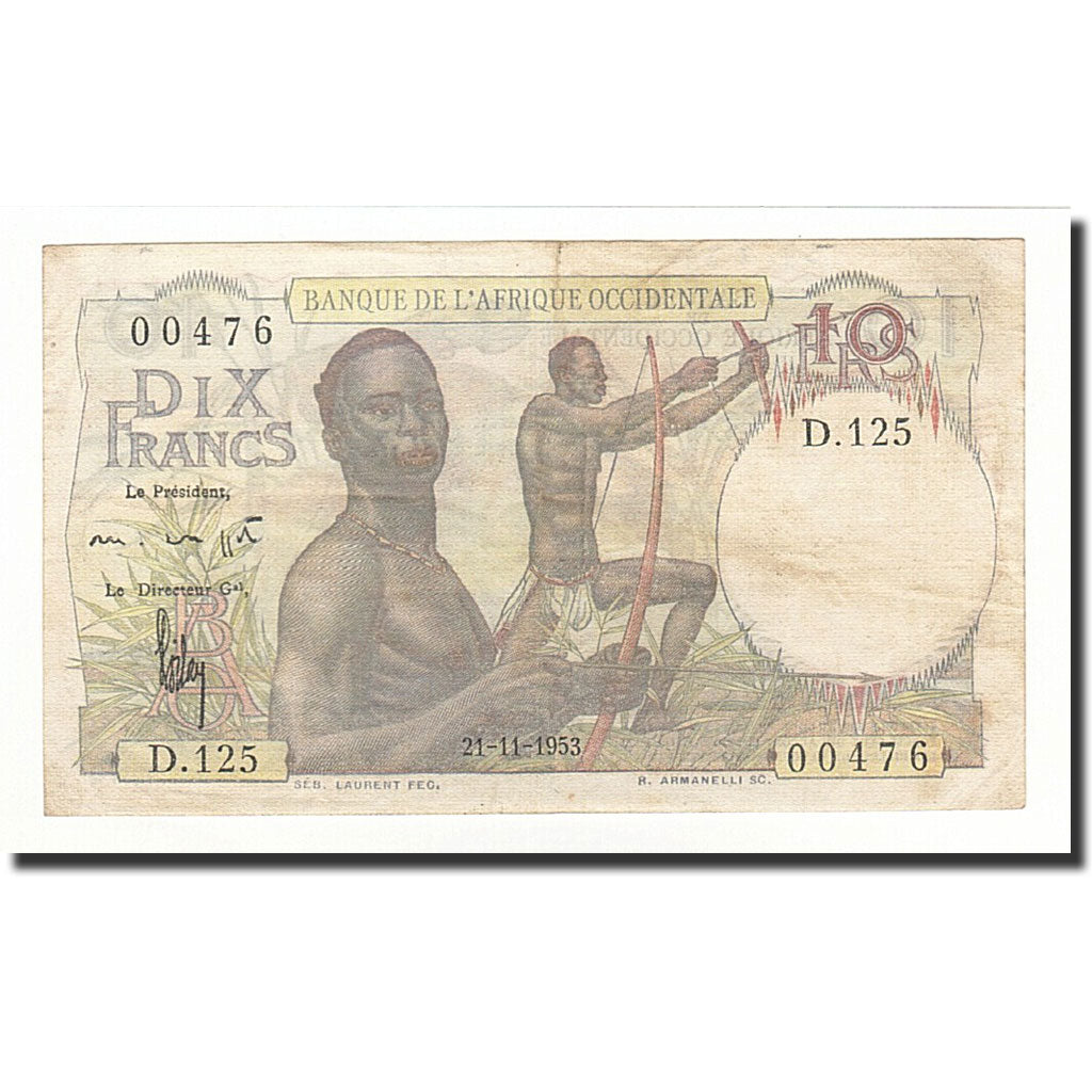 French West Africa, 10 Francs, KM:37, 1953-11-21, AU(50-53)