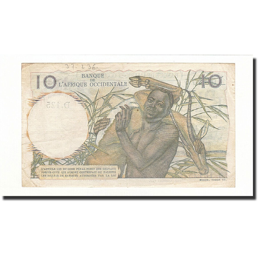 French West Africa, 10 Francs, KM:37, 1953-11-21, AU(50-53)