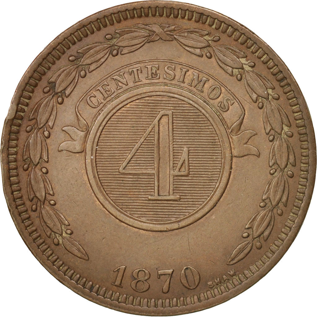 Paraguay, 4 Centesimos, 1870, AU(50-53), Copper, KM:4.1