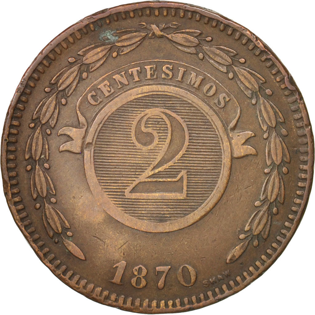 Paraguay, 2 Centesimos, 1870, VF(30-35), Copper, KM:3