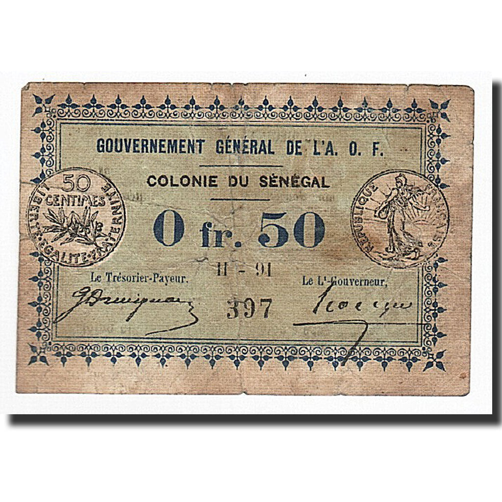 Senegal, 0.50 Franc, 1917, KM:1c, B