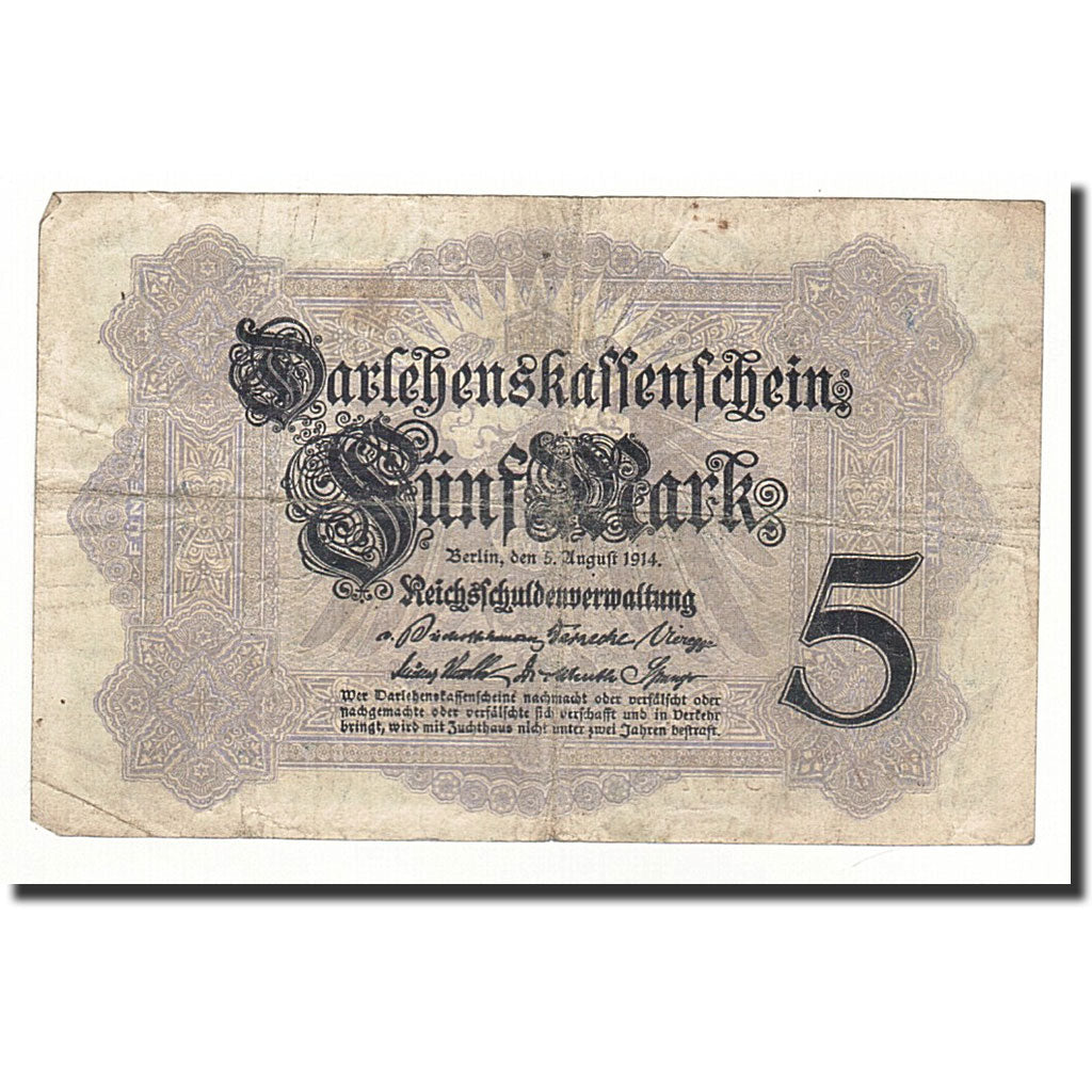 Banconote, Germania, 5 Mark, KM:47b, 1914-08-05, MB