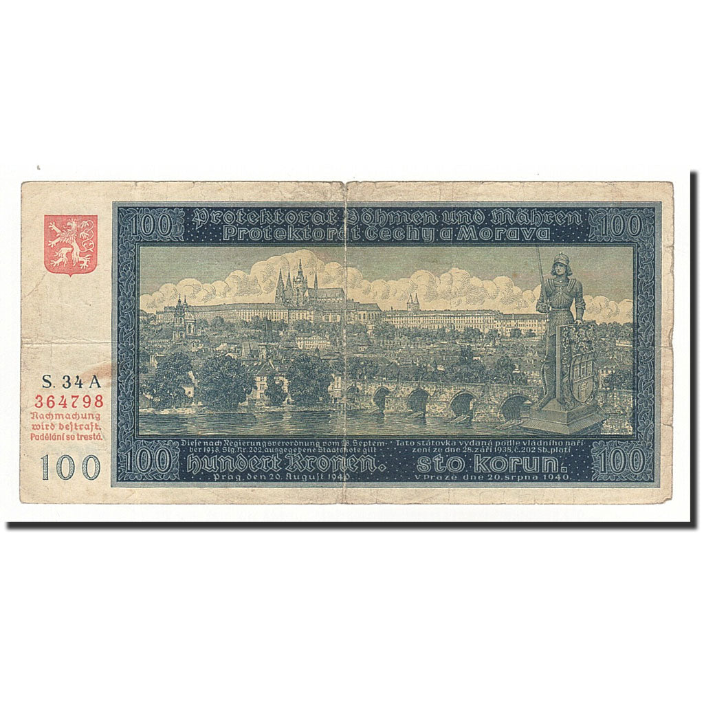 Boemia e Moravia, 100 Korun, 1940-08-20, KM:6a, MB