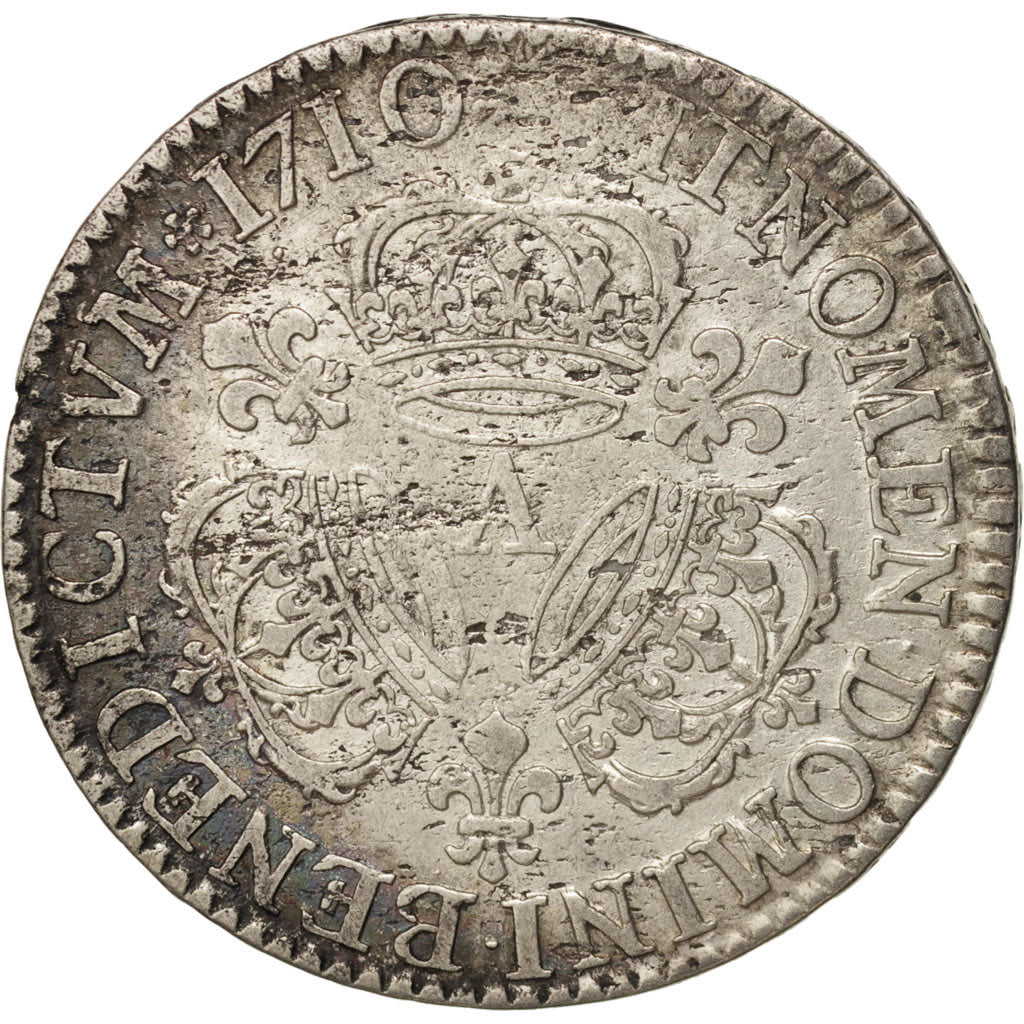 France, Louis XIV, 1/2 Écu aux 3 couronnes, 1710, Paris,F(12-15),Silver,KM 382.1