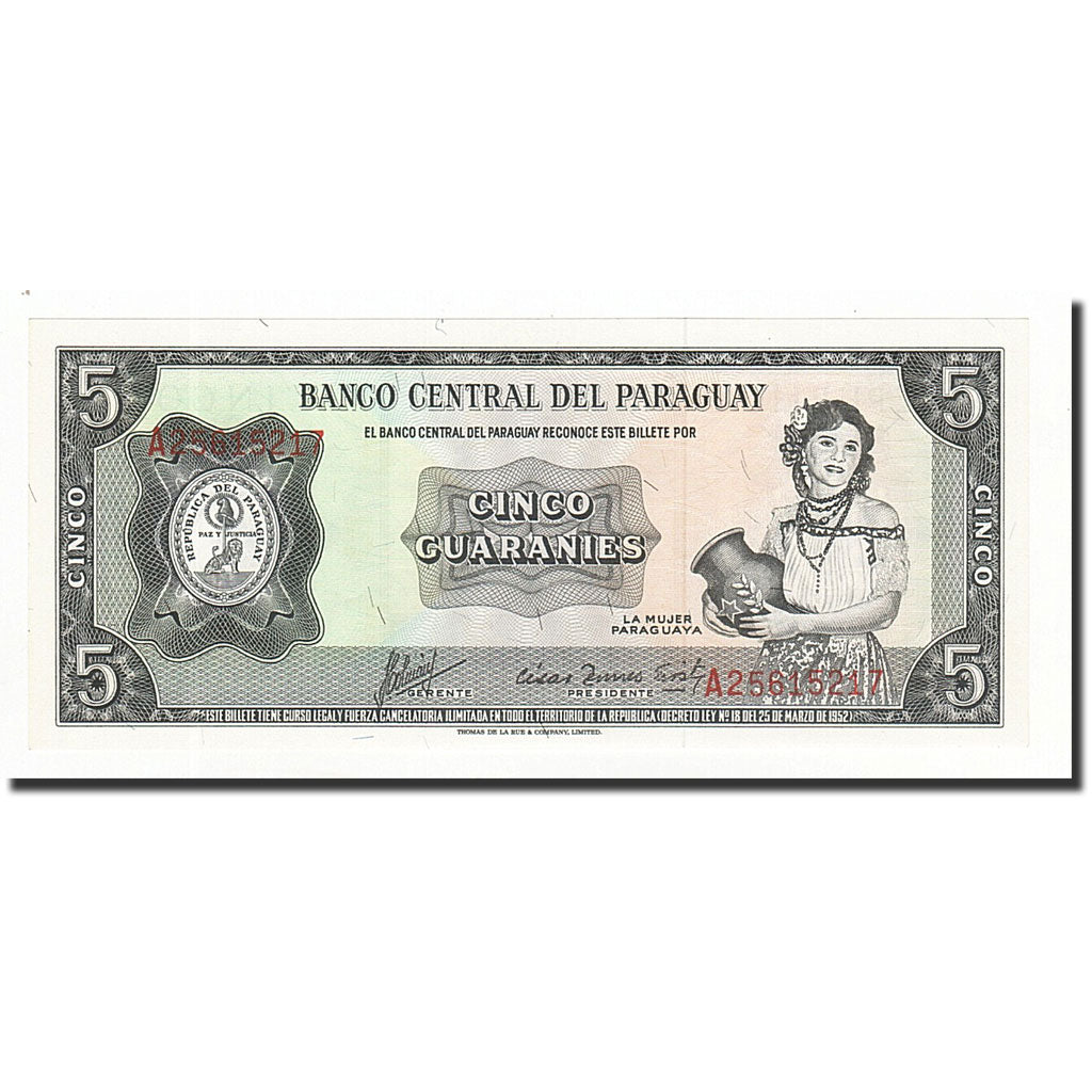 Banknote, Paraguay, 5 Guaranies, L1952, KM:195b, UNC(65-70)