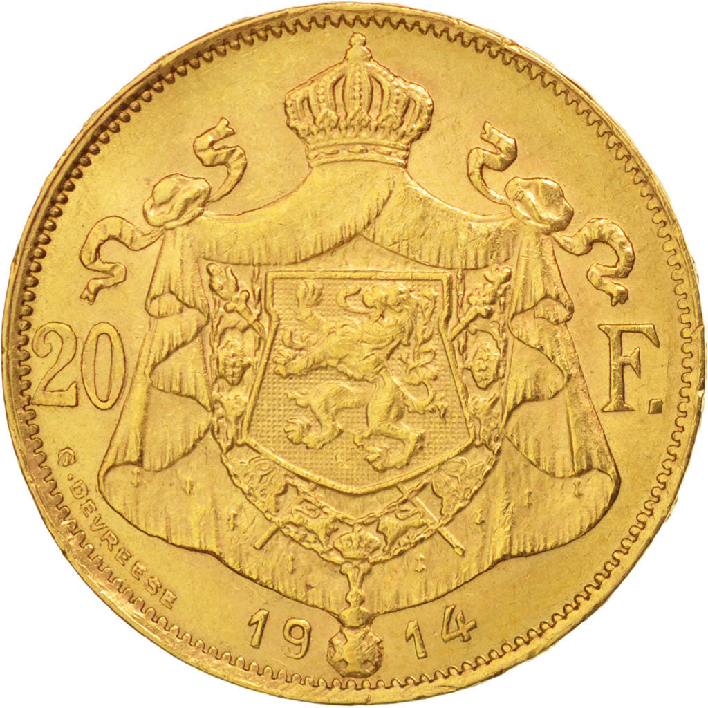 Belgium, Albert Ist, 20 Francs, 20 Frank, 1914, AU(55-58), Gold, KM:78