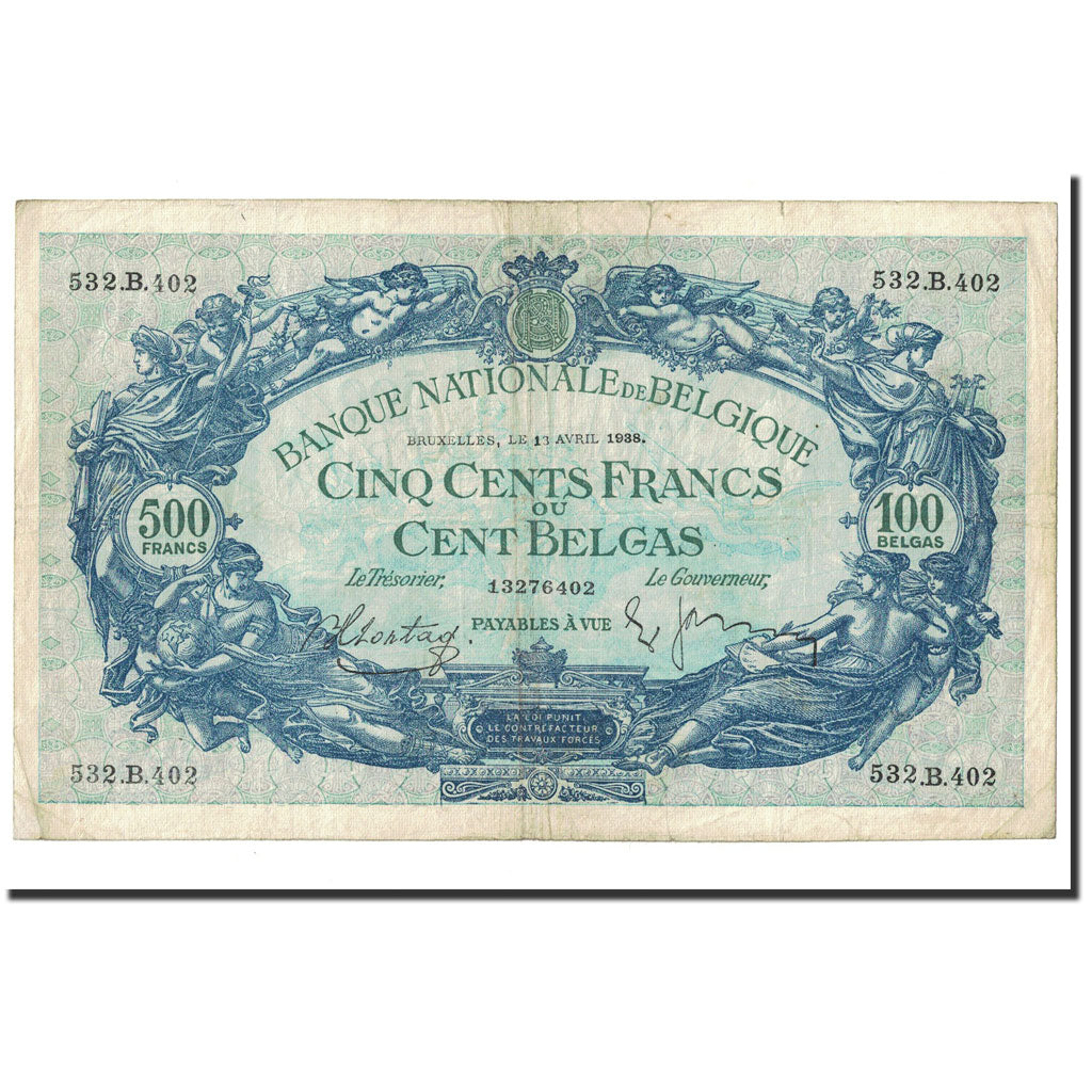 Banconote, Belgio, 500 Francs-100 Belgas, KM:109, 1938-04-13, MB+