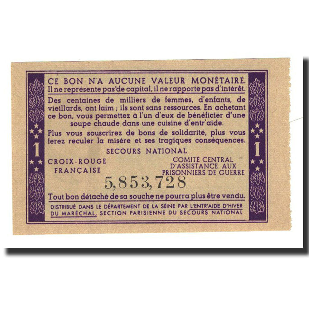 1 Franc, Undated, France, UNC(65-70), Secours National