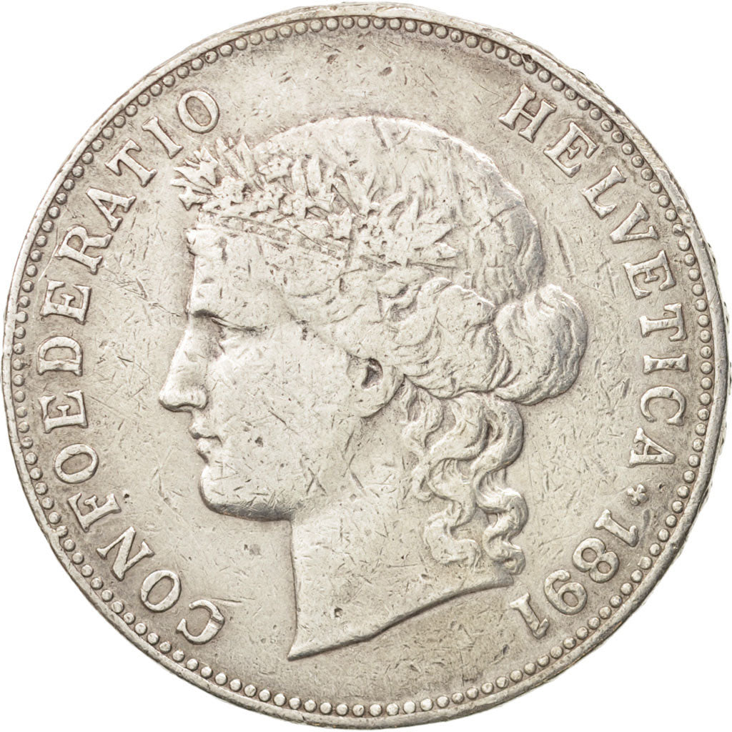 Switzerland, 5 Francs, 1891, Bern, VF(20-25), Silver, KM:34