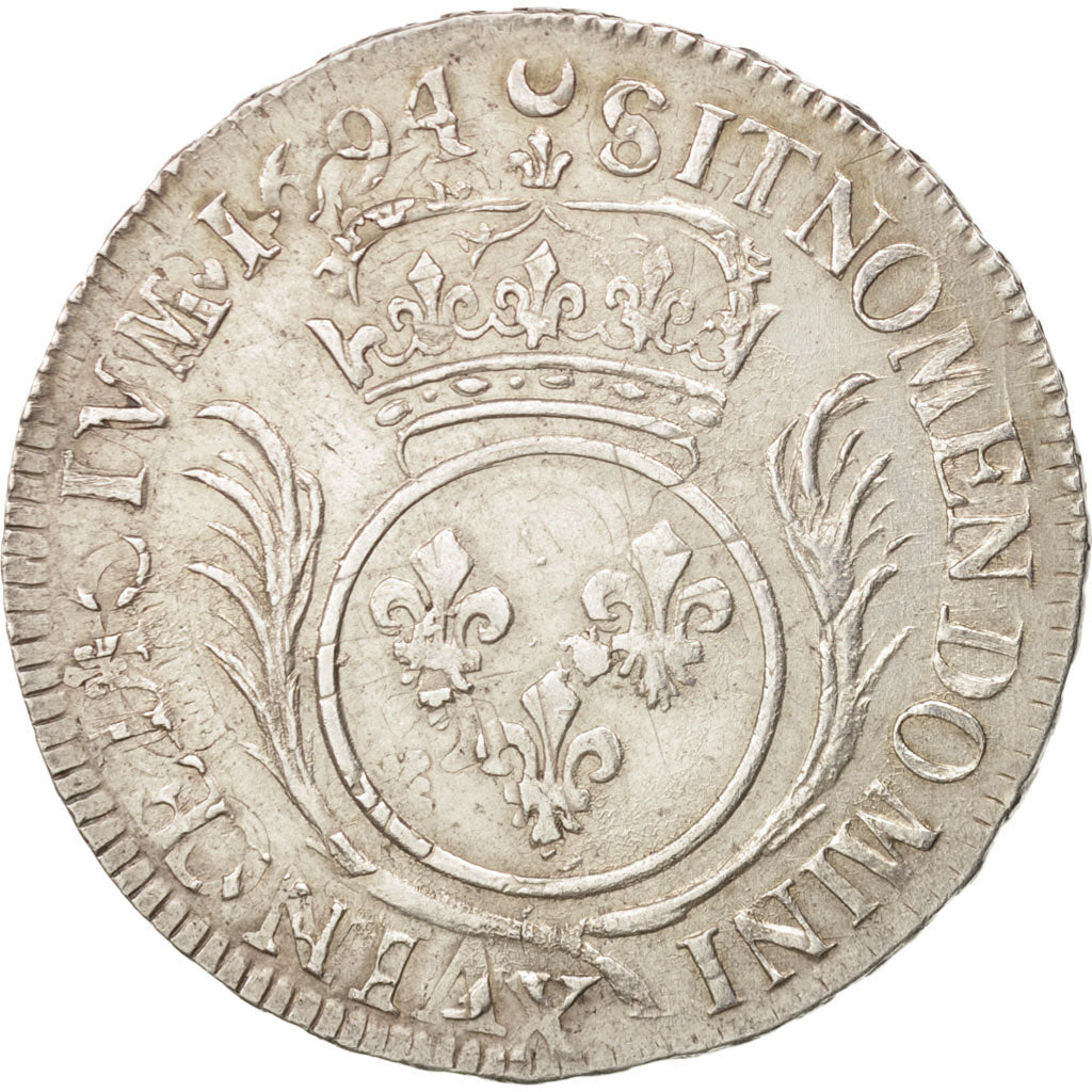 France, Louis XIV, 1/2 Écu aux palmes, 1694, Amiens, AU(50-53), Silver, KM295.22