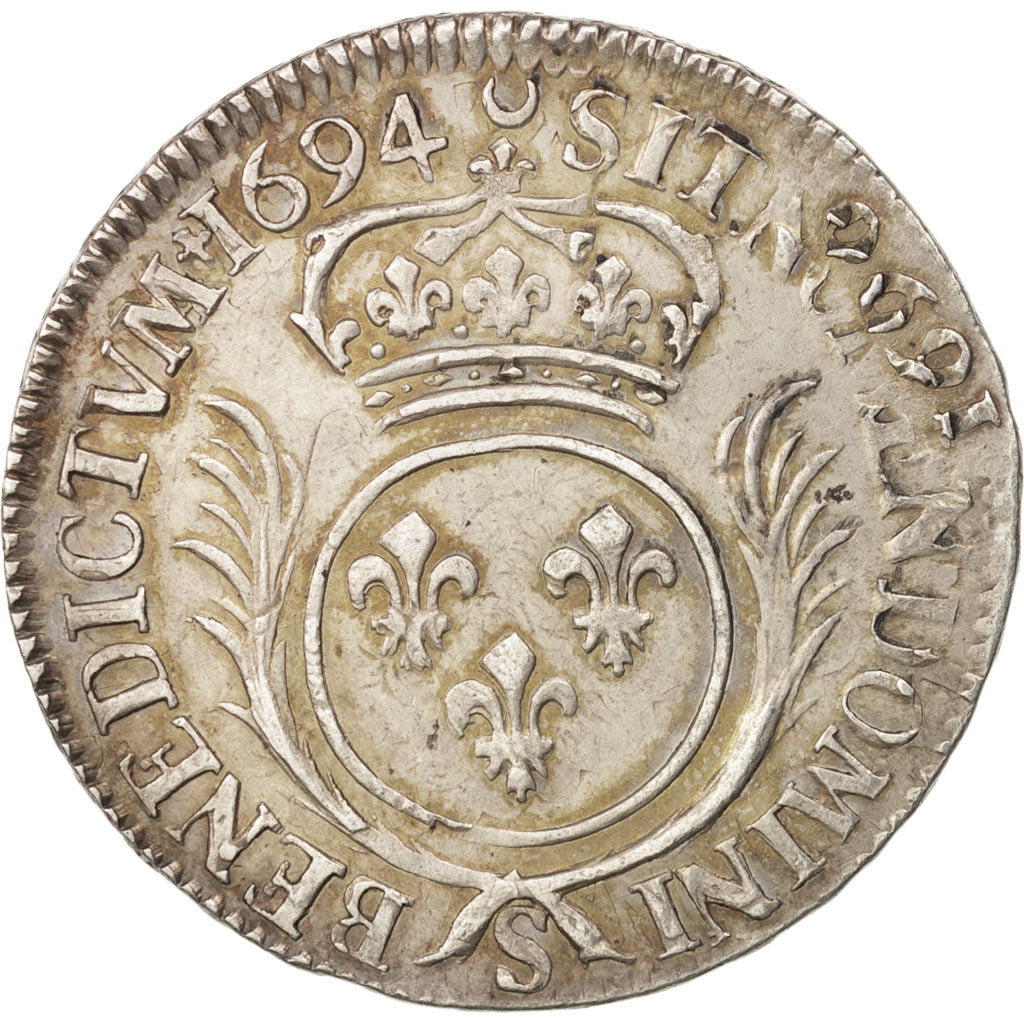 Francia, Louis XIV, 1/2 Écu aux palmes, 1/2 Ecu, 1694, Troyes, BB, Argento,...