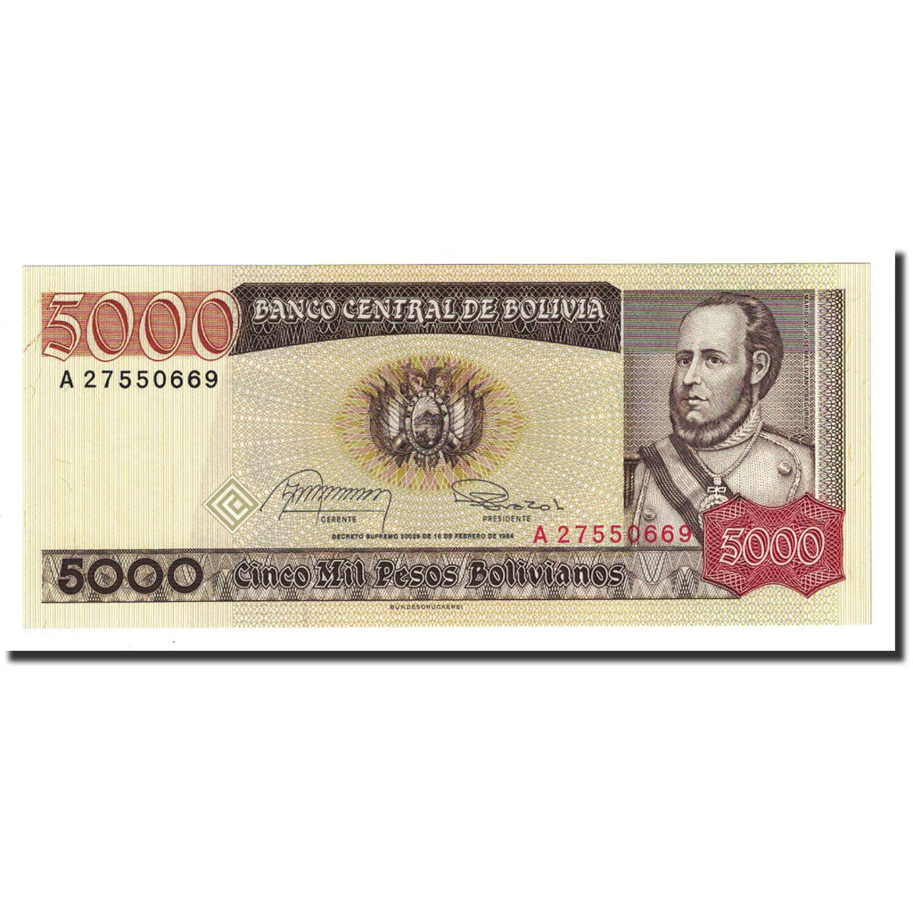 Banknote, Bolivia, 5000 Pesos Bolivianos, 1984-02-10, KM:168a, UNC(65-70)