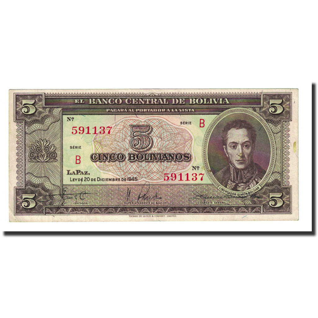 Banknote, Bolivia, 5 Bolivianos, L.1945, 1945-12-20, KM:138a, UNC(65-70)
