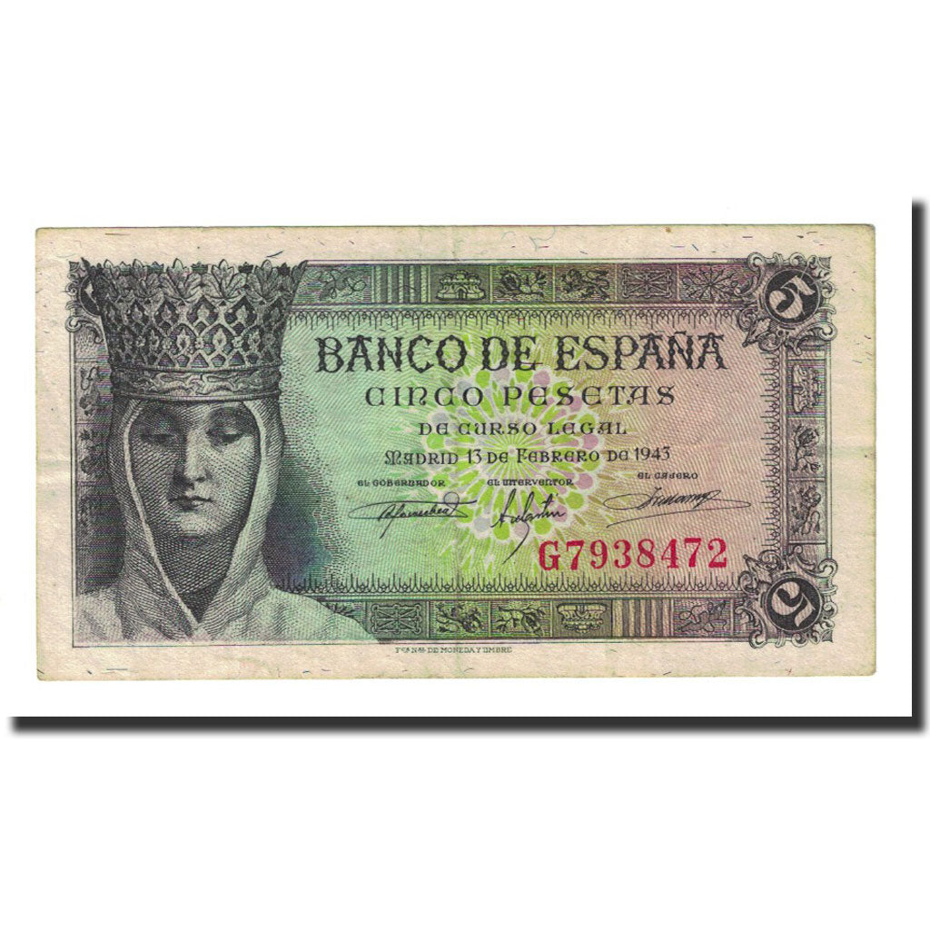Banknote, Spain, 5 Pesetas, 1943-02-13, KM:127a, EF(40-45)