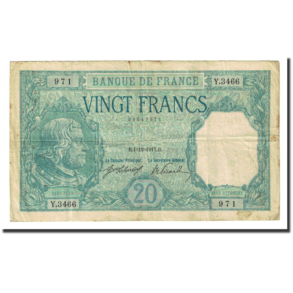 Francja, 20 Francs, Bayard, 1917-12-01, VF(30-35), Fayette:11.2, KM:74