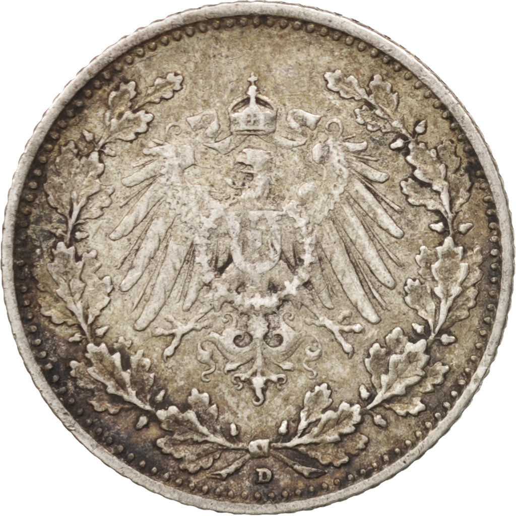 GERMANY - EMPIRE, 1/2 Mark, 1907, Munich, EF(40-45), Silver, KM:17