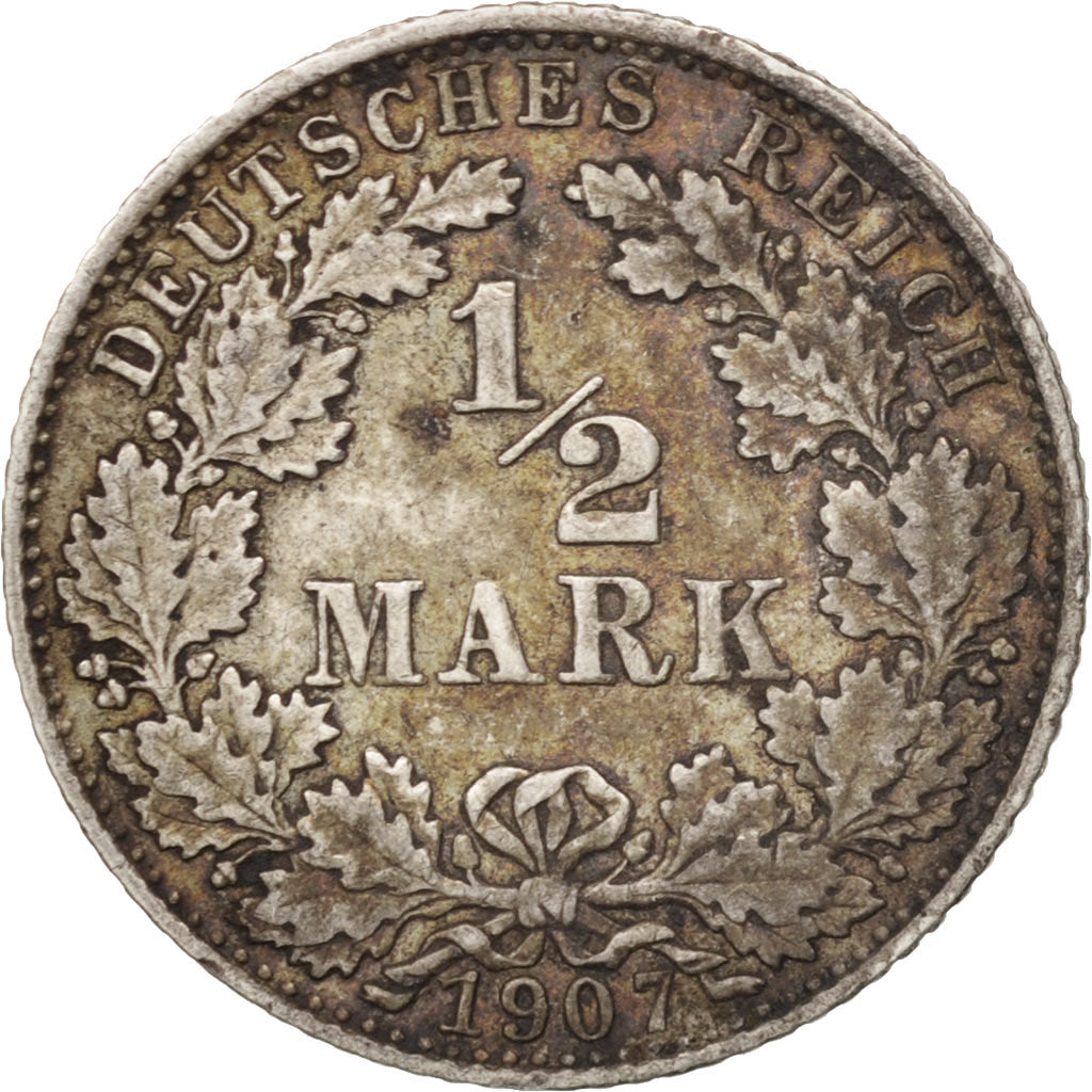 GERMANY - EMPIRE, 1/2 Mark, 1907, Munich, EF(40-45), Silver, KM:17