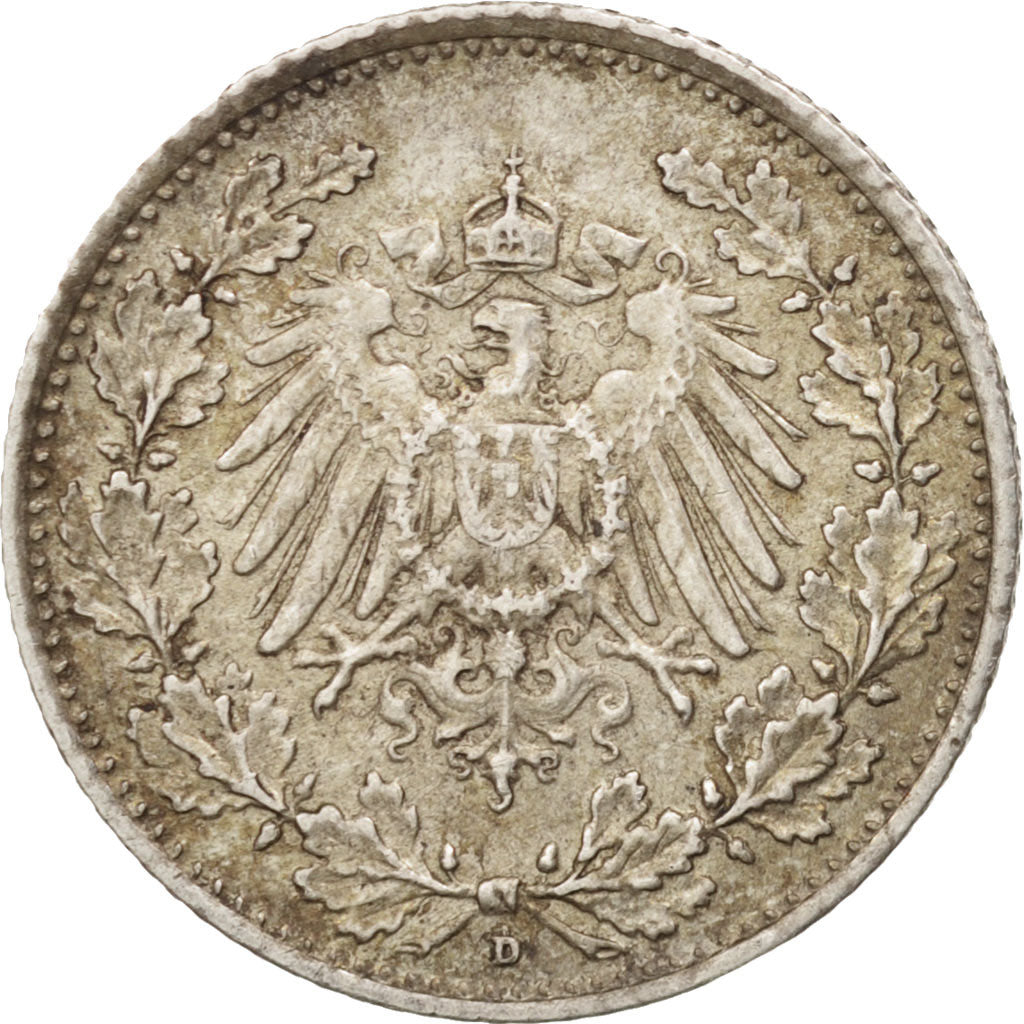 GERMANY - EMPIRE, 1/2 Mark, 1915, Munich, AU(55-58), Silver, KM:17