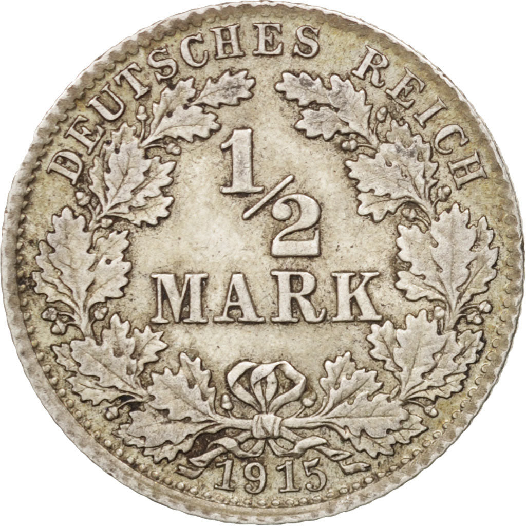 GERMANY - EMPIRE, 1/2 Mark, 1915, Munich, AU(55-58), Silver, KM:17