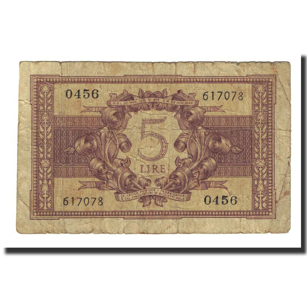 Banknote, Italy, 5 Lire, 1944-11-23, KM:31b, F(12-15)