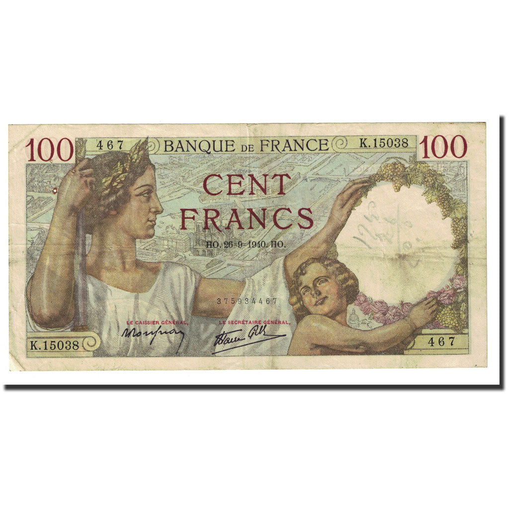 France, 100 Francs, 1940-09-26, VF(30-35), Fayette:26.38, KM:94