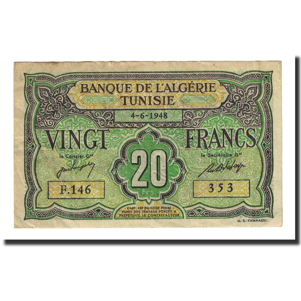 Banknote, Algeria, 20 Francs, 1948-06-04, KM:103, AU(50-53)
