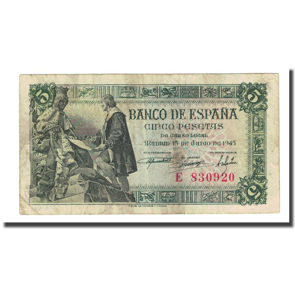 Banknote, Spain, 5 Pesetas, 1945-06-15, KM:129a, EF(40-45)