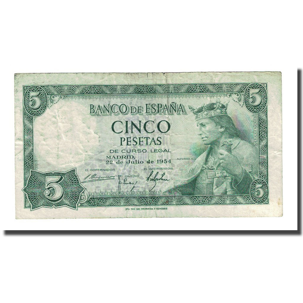 Banknote, Spain, 5 Pesetas, 1954-07-22, KM:146a, VF(20-25)
