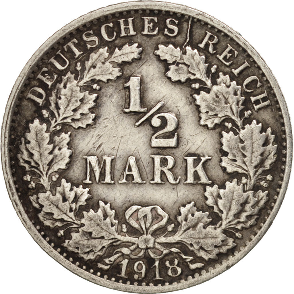 Coin, GERMANY - EMPIRE, 1/2 Mark, 1918, Stuttgart, EF(40-45), Silver, KM:17