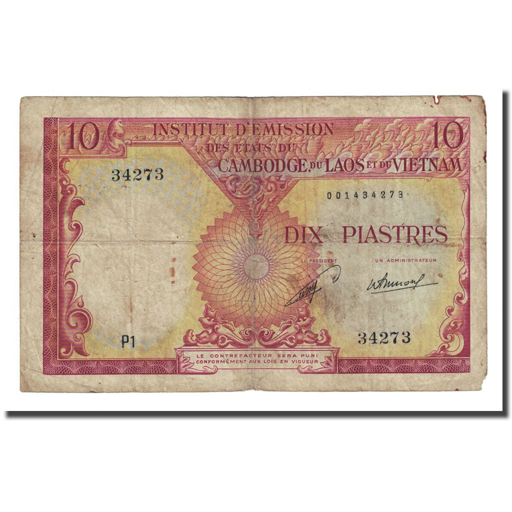 Billet, FRENCH INDO-CHINA, 10 Piastres = 10 Kip, Undated (1953), KM:102, B+