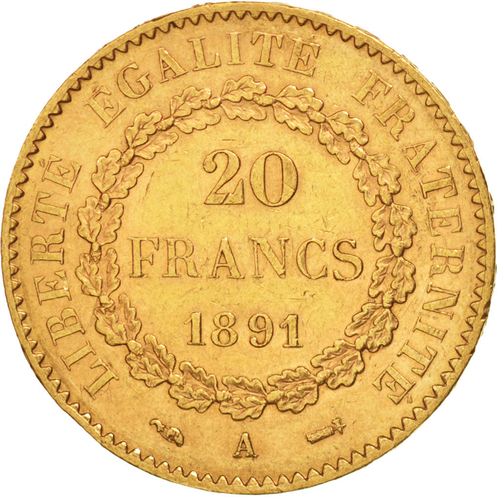 France, Génie, 20 Francs, 1891, Paris, AU(55-58), Gold, KM:825, Gadoury:1063